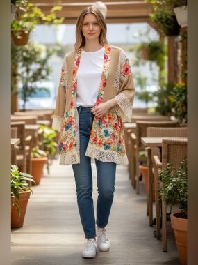 POL Floral Lace Kimono Oversized Cardigan in Tan, Pink, Blue, Small